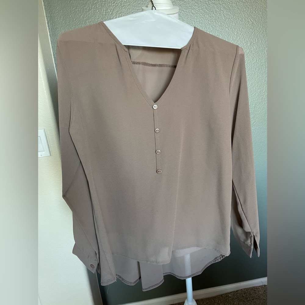 Mocha colored sheer long sleeve blouse